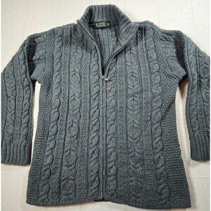 Blarney Wool Cable Knit Fisherman Sweater Cardigan Medium Full Zip Moss Green